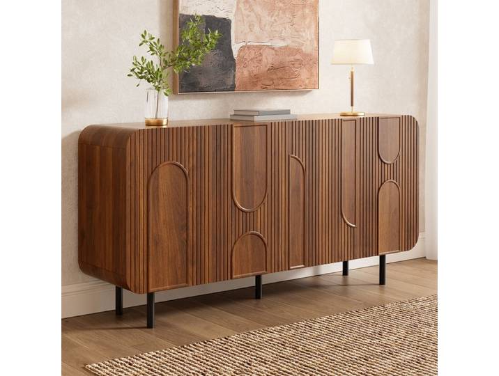 Buffet - Design Mid-Century - 160x40x79 cm - 4 Portes - Rangement Flexible - Étagères Réglables - Pieds Métalliques - Noyer