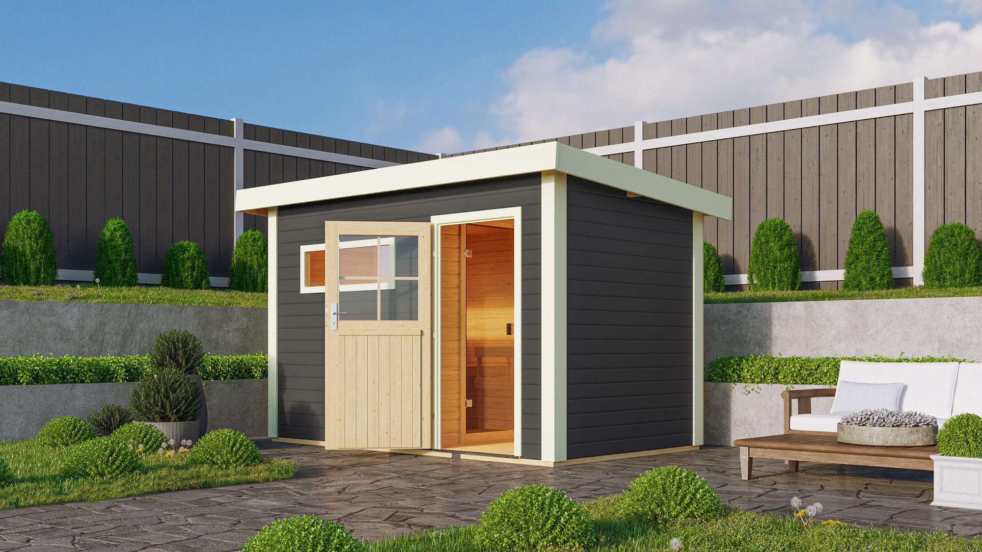 Karibu Saunahaus "Ondo 1" SET terragrau mit Ofen 9 kW ext. Strg, Kabel, Dachfolie, Fenster