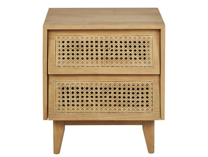 Nachttisch aus massivem Kiefernholz, Kieferfurnier und Rattan, L 40 cm