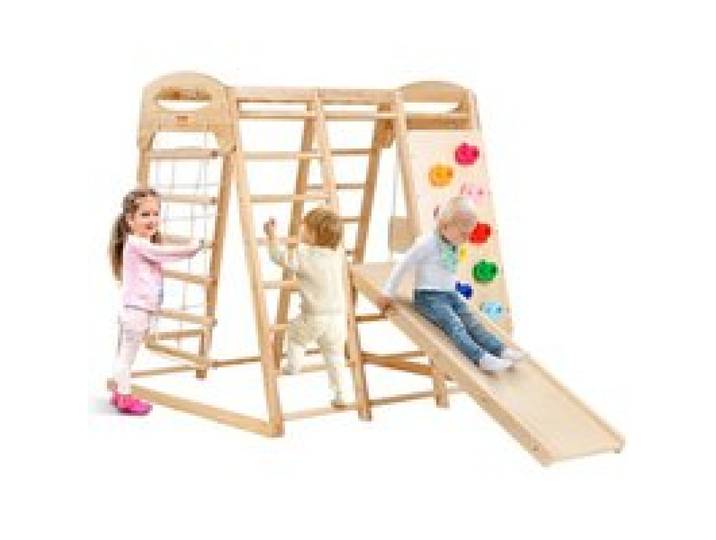 VEVOR Indoor Klettergerüst 7 in 1 Spielplatz für Kleinkinder, 120 x 109 x 121 cm, mit Holz- und Strickleiter Netzleiter Schaukel Klettergerüst Rutsche Kletterwand, Holz-Kletterspielzeug für Kinder