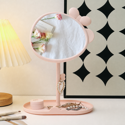 Fusion Finds Cute Bow Makeup Mirror With Storage Tray 360 Rotating Kawaii Vanity Desk Mirror pink