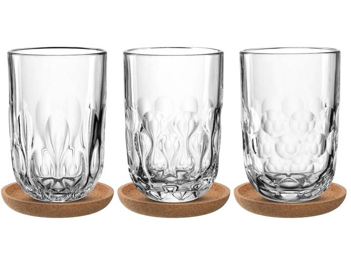 Gläser-Set LEONARDO Latte Macchiato-Set GOCCE, 380 ml, 6-teilig , transparent, H:11,9cm Ø:7,9cm, Glas, Trinkgefäße, Gläser-Set, 3 Gläser mit unterschiedlichem Tropfenrelief, inkl. Kork-Untersetzer