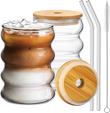 Modern Mode Marketplace Wave Shape Beverage Glasses Set, Glass Cups With Lids & Straws For Juice, Coffee & Tea Wave Shape Beverage Glasses Set, Glass Cups With Lids & Straws For Juice, Coffee & Tea