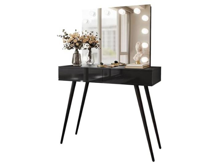 Lookway Schminktisch Sienna LOFT Elite mit LED-Spiegel, Schwarze schräge Beine, Wahl: Push-to-Open oder Kristallgriff (Schwarz/Schwarz Hochglanz, Push-to-Open System)