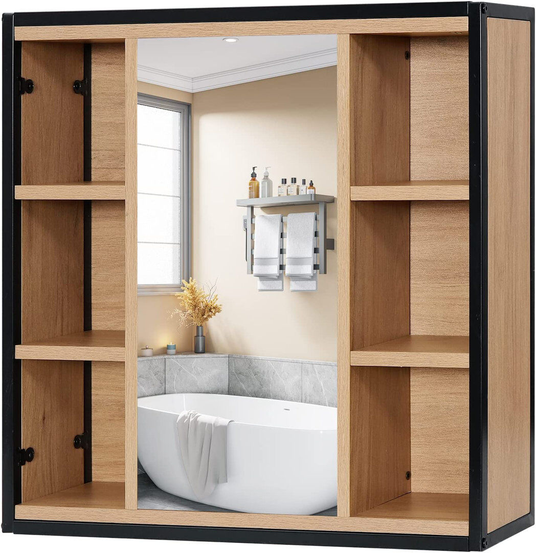 17 Stories Latonja 600 mm W 585 mm H Surface Mirrored Bathroom Cabinets 4 Shelves with Mirror Black/Light Woodlook 585mm H