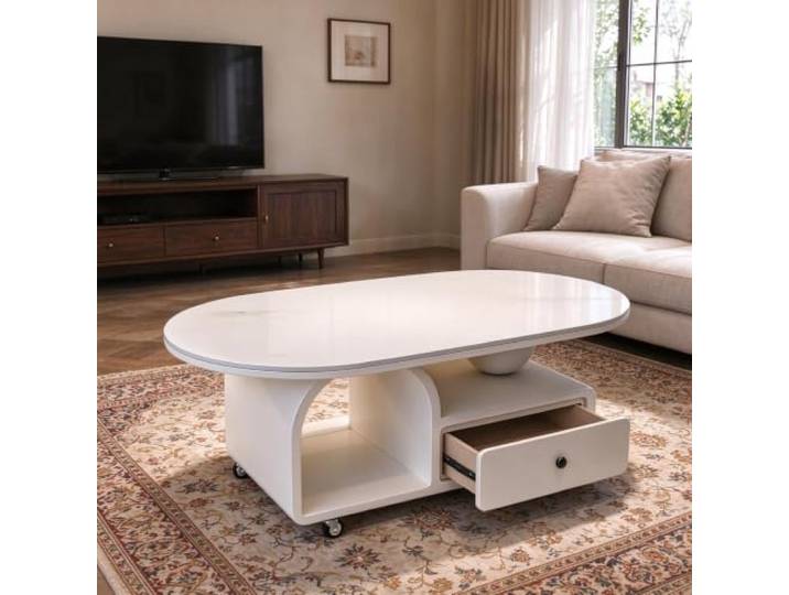 YHTCSXMD Moderner Couchtisch mit Stauraum und Rollen für Wohnzimmer Steinplatte mit Holzoptik, Schublade und offenem Fach für Couchtisch mit 360 Rollen in modernen Wohnungen