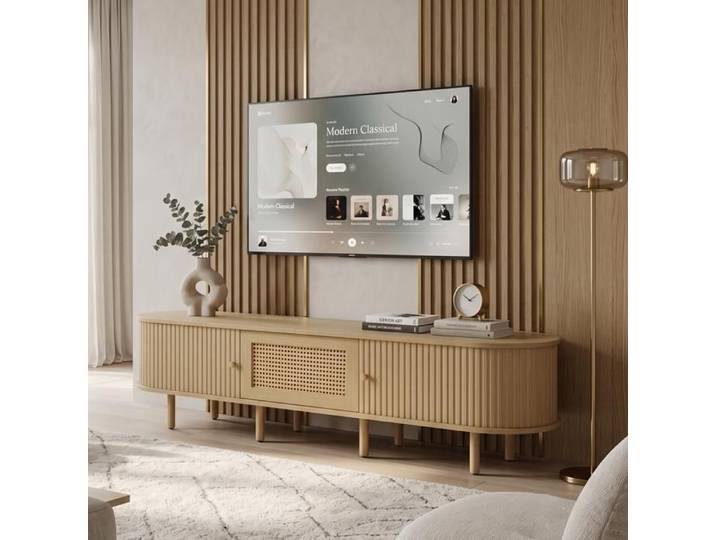 Meuble TV Bas 180x40x40cm Grand Rangement Design Soigné Oval Style Scandinave Meuble TV Porte Coulissante Cannage