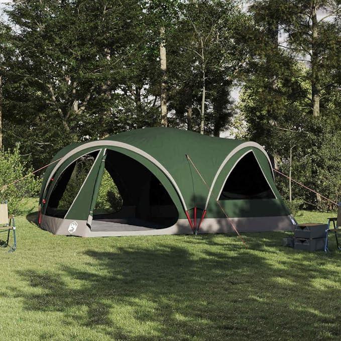 Grün Grau Campingzelt für 10 Personen Familienzelt 460 x 430 x 214 cm mit abnehmbarem Regenschutz, Stangenset, Tragetasche, Abspannleinen und Erdnägeln aus 185T Polyester