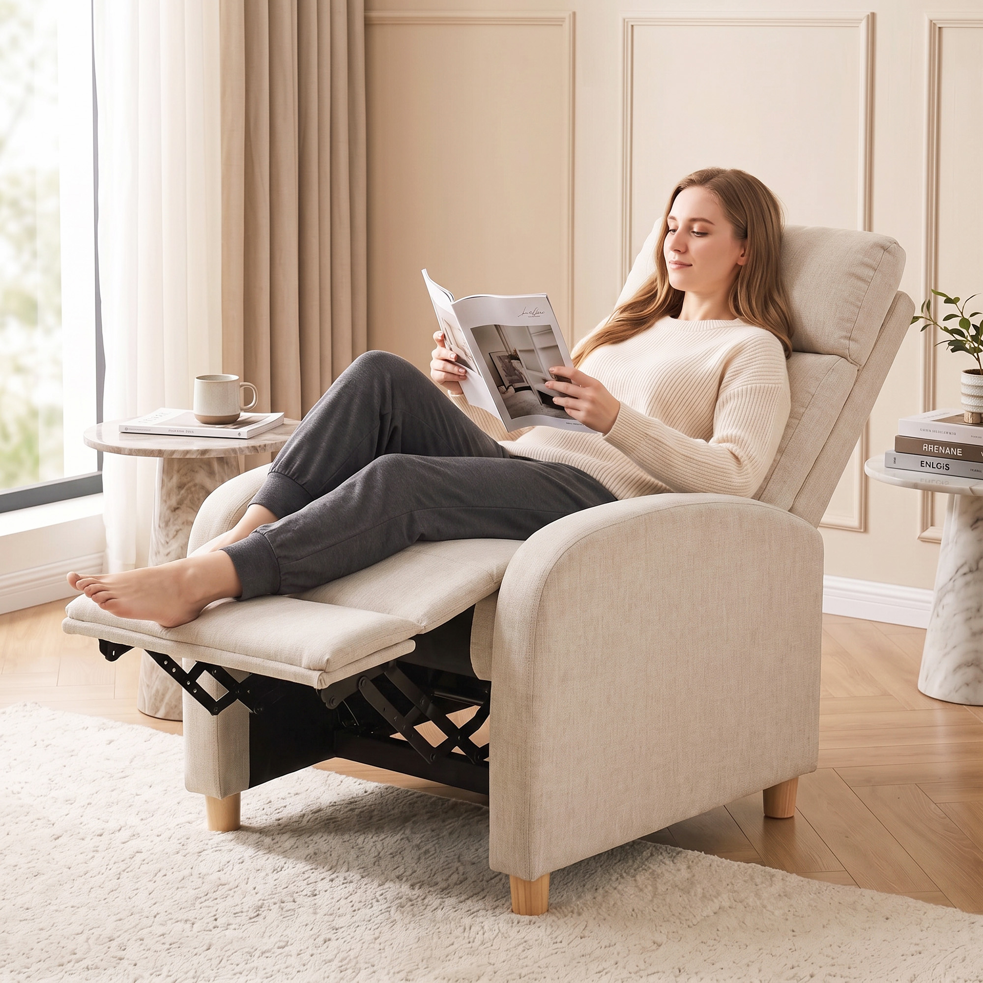 Homcom Poltrona Relax Reclinabile Manuale 135° con Poggiapiedi in Tessuto, Beige   Aosom Italy