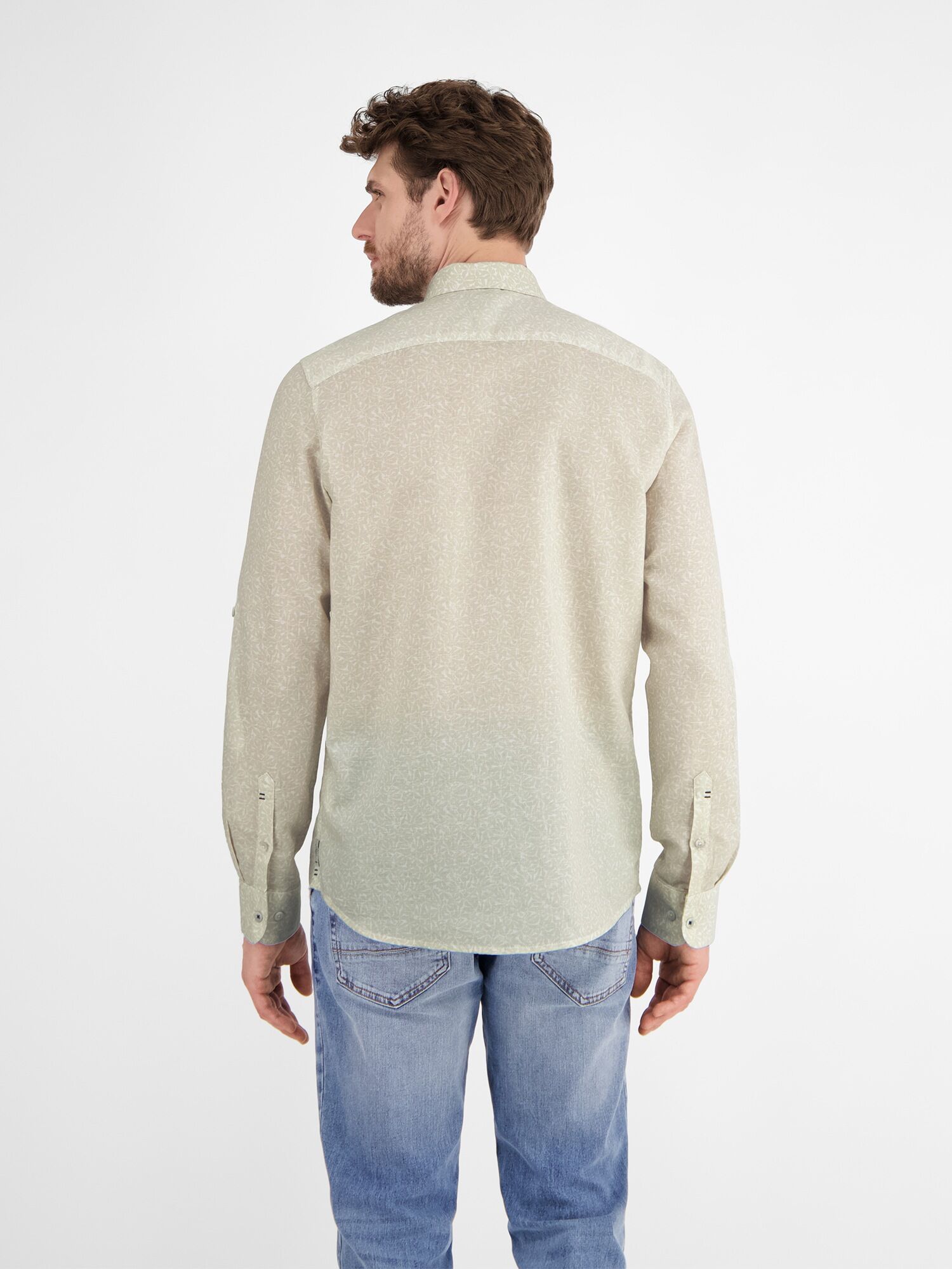 Langarmhemd LERROS "Langarmhemd mit Haifischkragen, floral bedruckt", Herren, Gr. M, Normalgrößen, weiß, 55% Leinen, 45% Baumwolle, Hemden Langarmhemd