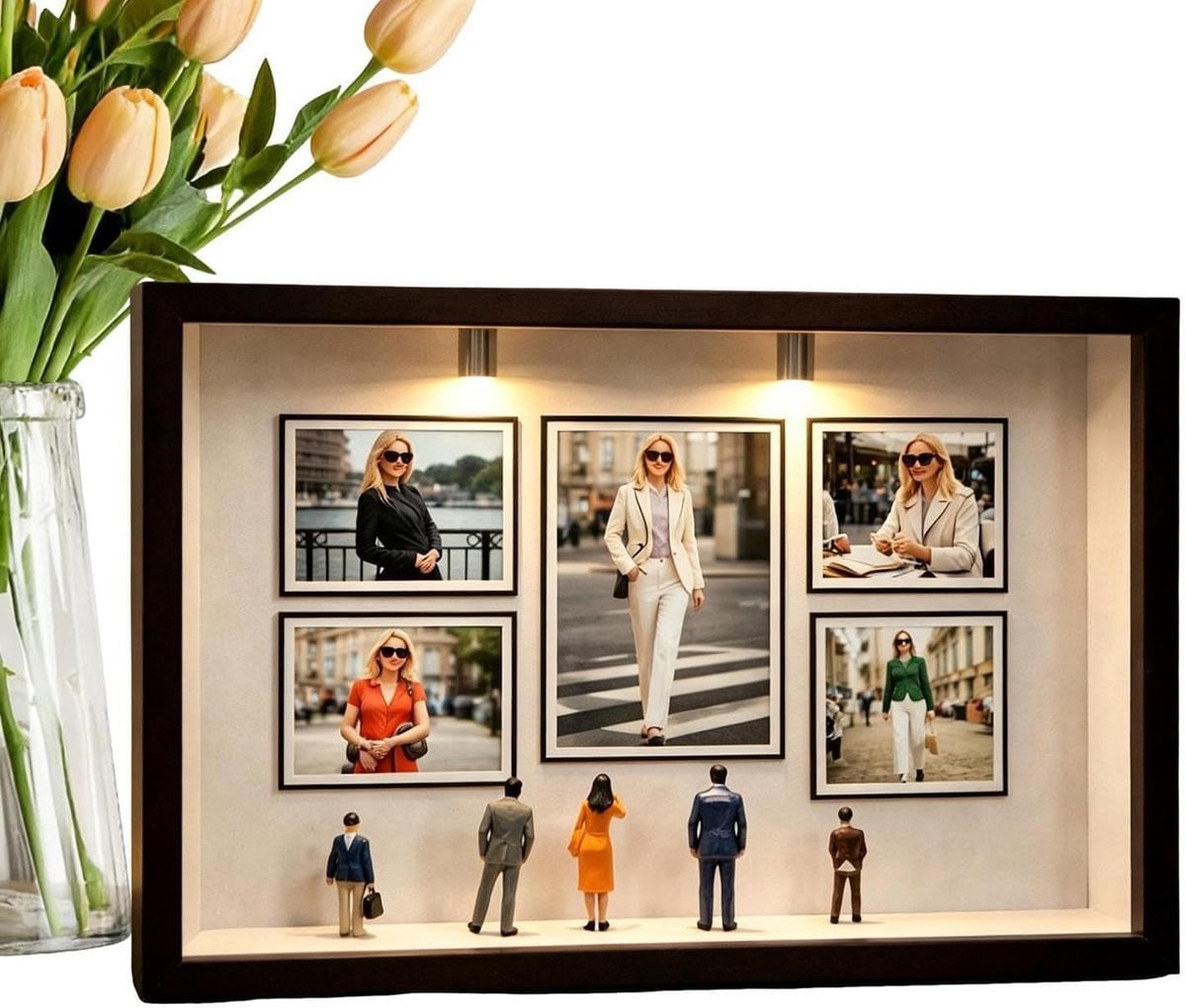 Knutsel Display Box Herinneringen Frame met 3D Silhouet Ontwerp in Houtkleur - B: 227 cm, H: 314 cm