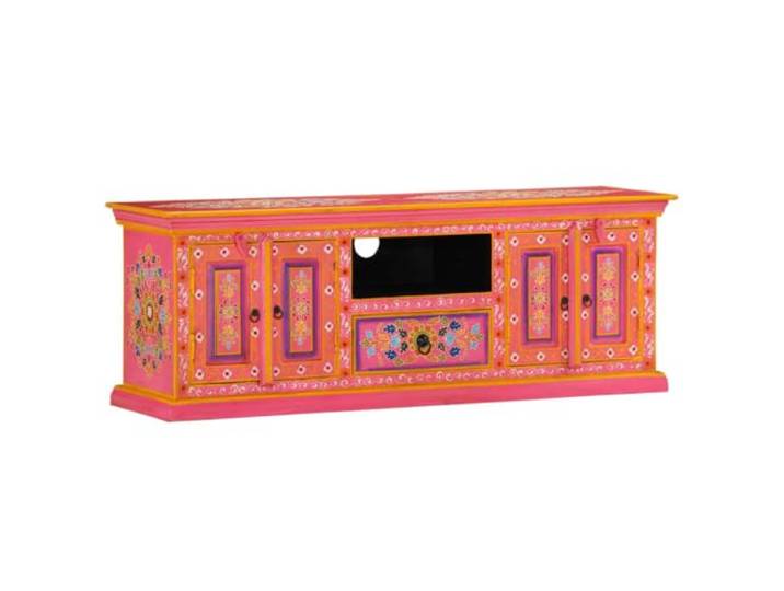 LKJephalotrope TV-Schrank Rosa 110x30x40 cm Massivholz Mango Lowboard Handbemaltes TV Board aus echtem Holz in Rosa für Wohnzimmer und Schlafzimmer mit offenen Fächern für Mediengeräte.