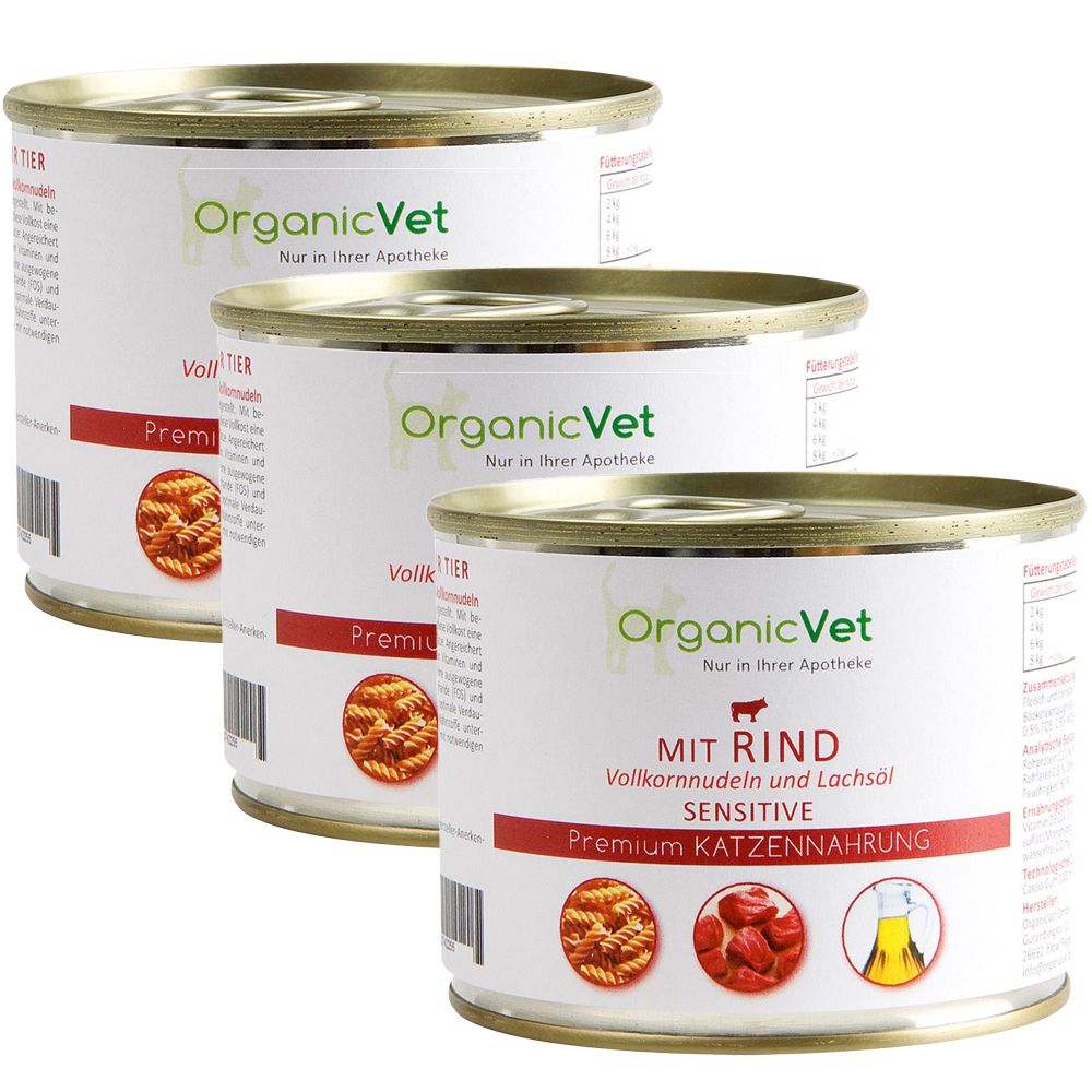 OrganicVet Katze Sensitive Rind mit Vollkornnudeln und Lachsöl 3-er Set 3x200 g Futter