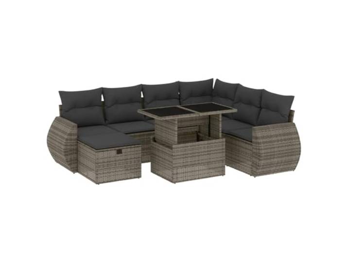KTHLBRH Gartenmöbel-Set 8-teilig mit grauen Kissen aus Polyrattan Ecksofa, PE-Rattan, pulverbeschichteter Stahl, Tischplatte aus gehärtetem Glas, verstellbarer Tisch, abnehmbare Kissen