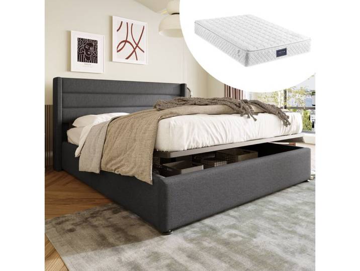 WOVREO Lit double 160 x 200 cm avec sommier coffre hydraulique matelas inclus tête de lit rembourrée gris