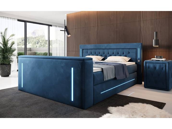 Boxspringbett Divalo mit TV Lift und Stauraum - 160x200 - Blau - H4 (100kg+) - Luxusbetten24