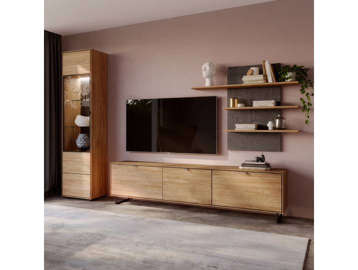 Wohnwand 3-teilig Front: Massivholz Eiche, geölt Korpus: Spanplatte, furniert Braun 261 x 203 x 46cm