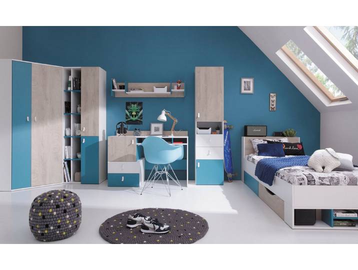 möbel-direkt.de Jugendzimmer-Set Spuki in Weiß, Eiche & Meerblau, (Komplett Set, 8-tlg., in verschiedenen Setvarianten oder Einzelmöbel), ABS- Kanten