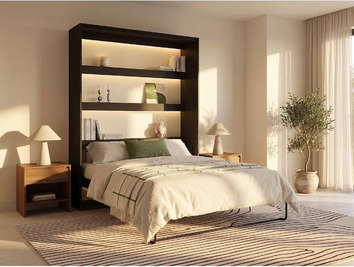 Schrankbett 160 x 200 cm - Manuelles vertikales Öffnungssystem - Mit LEDs – Schwarz und Beige - RAPILI
