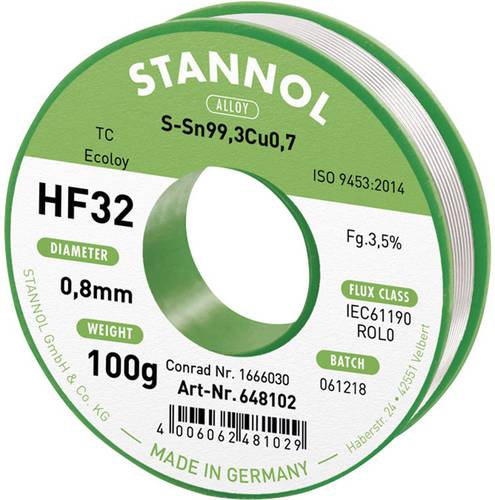 Stannol HF32 3,5% 0,8MM SN99,3CU0,7 CD 100G Lötzinn, bleifrei bleifrei, Spule Sn99,3Cu0,7 ROL0 100g 0.8mm