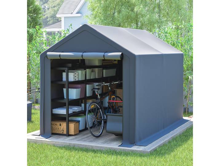 Abri à outils gris foncé 10x6 pieds, tente de rangement extérieure pour vélos et outils, abri de stockage polyvalent pour vélos et outils