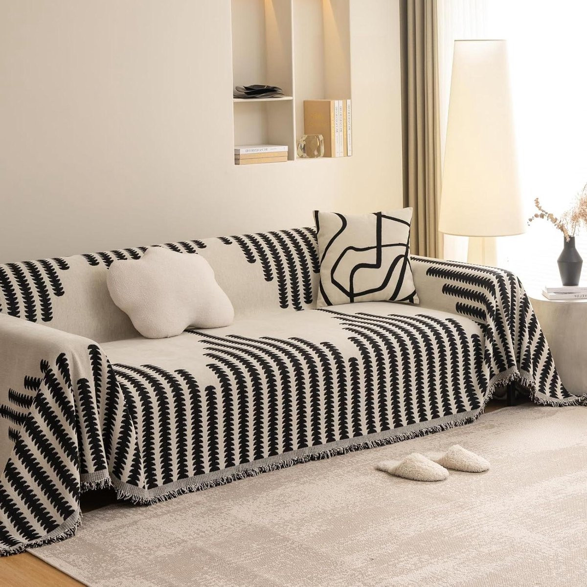 Dubbelzijdige Chenille Sofahoes met Strepen - Meubelbeschermer - Zwart - Breedte: 3,8 meter