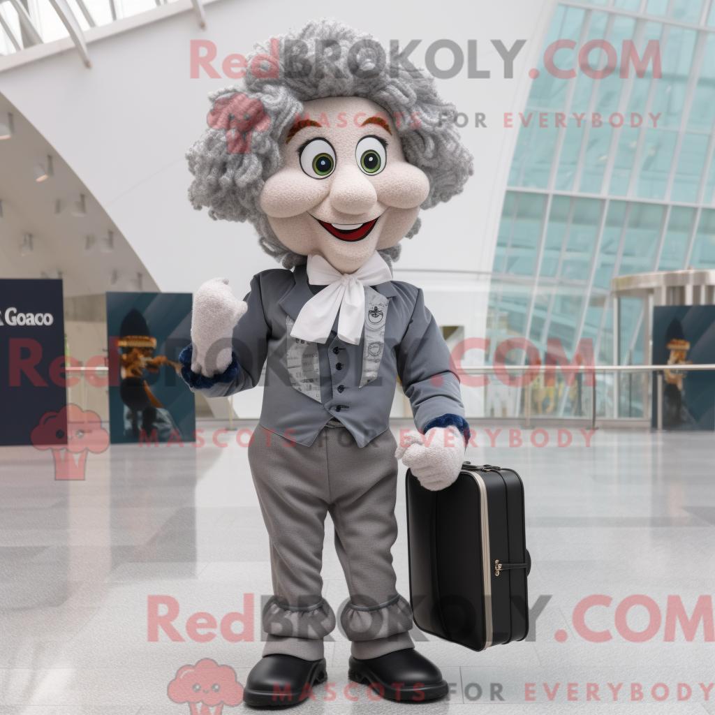 Maskottchenfigur REDBROKOLY einer grauen irischen Tänzerin mit Weste und Aktentasche