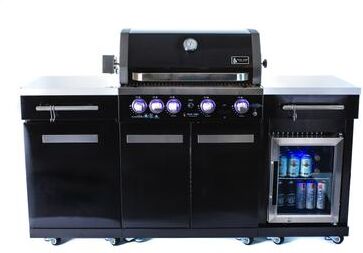 "Mont Alpi Premium 70"" Black Stainless Steel Outdoor Kitchen Island with Refrigerator + 32""W 4-Burner BBQ Grill with Rear Burner"
