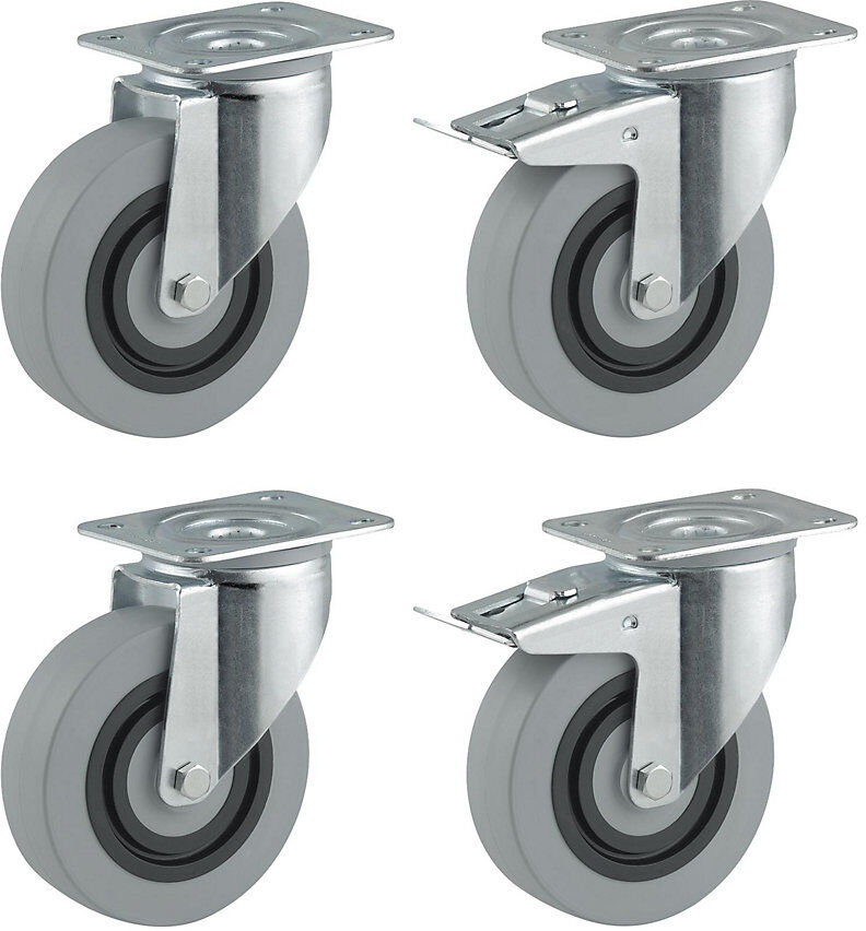Polyamid-Rad-Set, grau, 2 x Lenkrolle, 2 x Lenkrolle mit Doppelstopp, Rad-Ø x Breite 100 x 36 mm TENTE