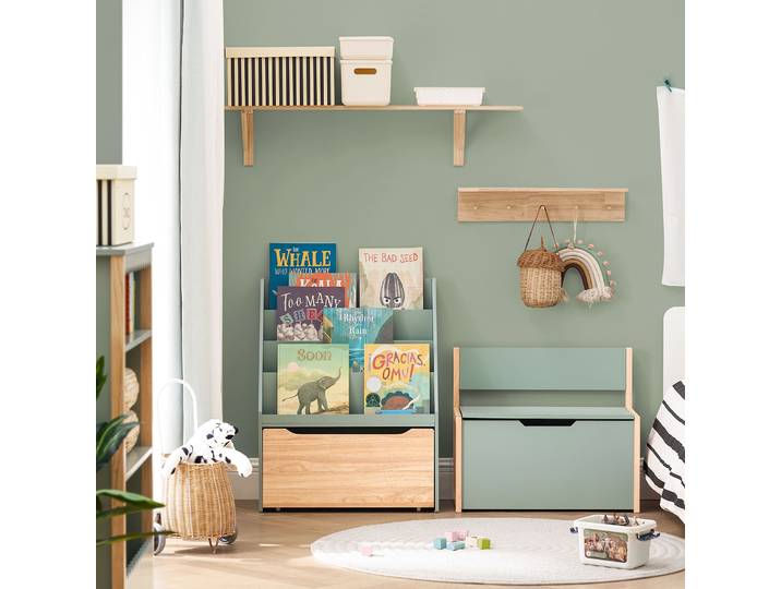 SoBuy KMB95-GR Bibliothèque pour enfants avec 4 compartiments de rangement et coffre à jouets amovible Vert-naturel BHT environ 62x80x30cm