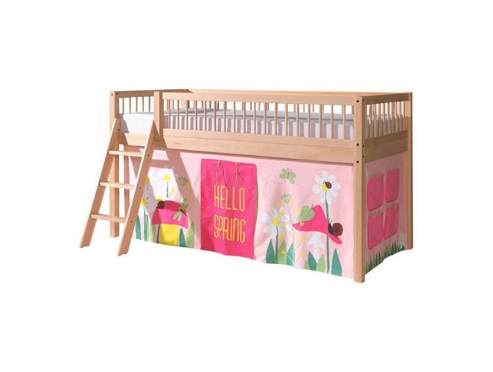 58 aufm Kessel Kinderbett Halbhohes Bett Kelci 90x200 Textilset Spring Buche Massivholz natur (inkl. Versand, Lieferung bis Verwendungsstelle), Florales Stoffdesign für eine gemütliche Spielhöhle