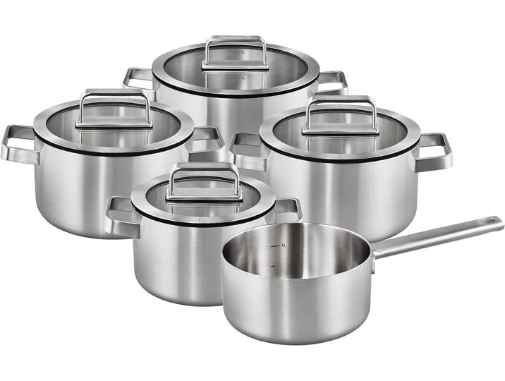 Topf-Set HANSEATIC PREMIUM , silberfarben, Töpfe, handfreundliche Griffe, Literskala, Glasdeckel, Induktion