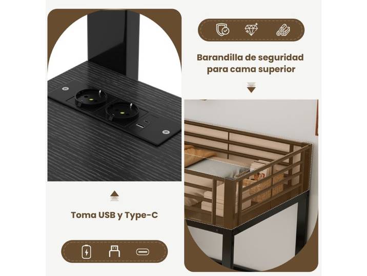 ELVORIN Lit mezzanine double avec bureau 90 x 200 cm noir EN747