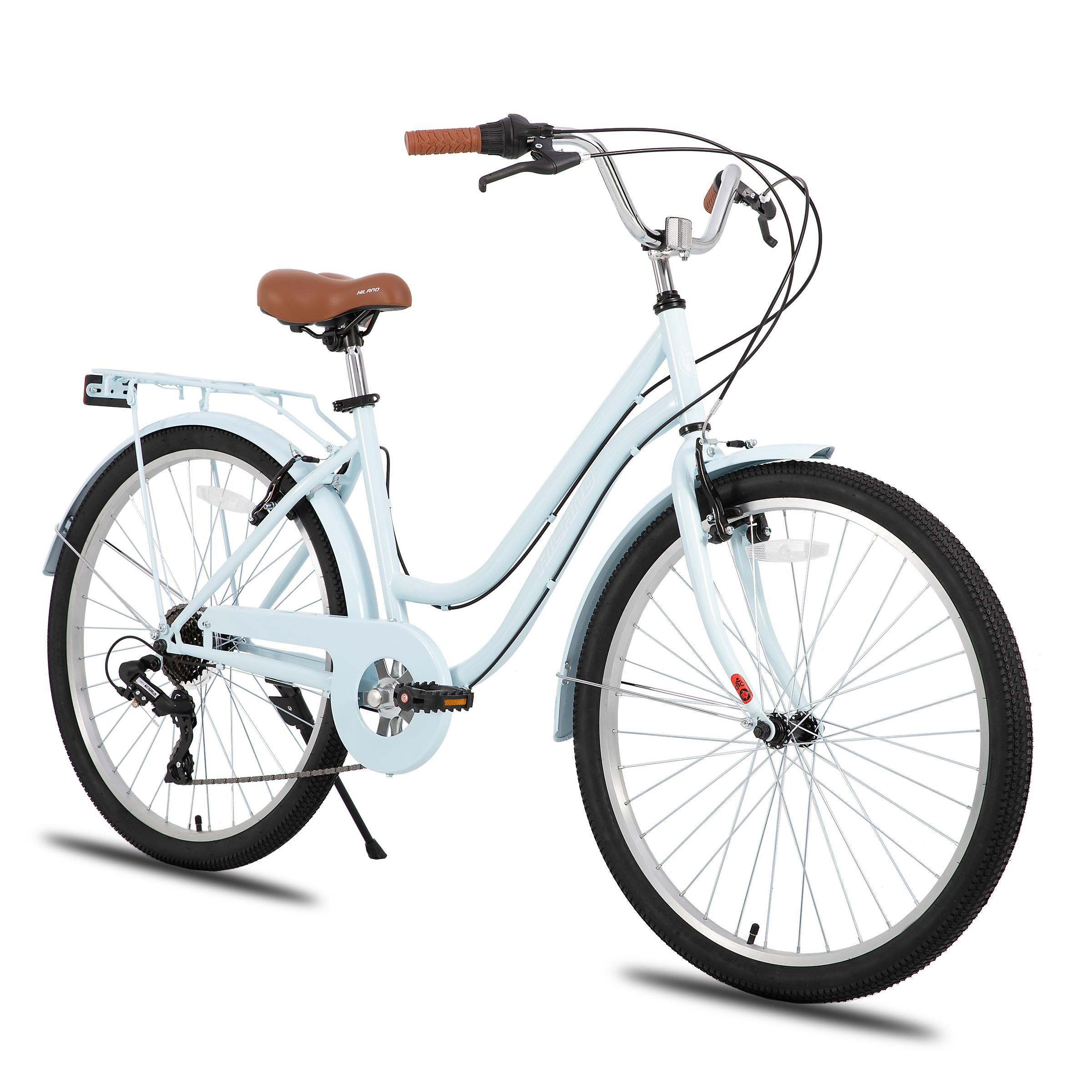 Hiland 26 Zoll 7 Gang Pendler Stadtfahrrad für Männer und Frauen, Step-Through Rahmen Cityräder für Erwachsene mit Gepäckträger, Fender