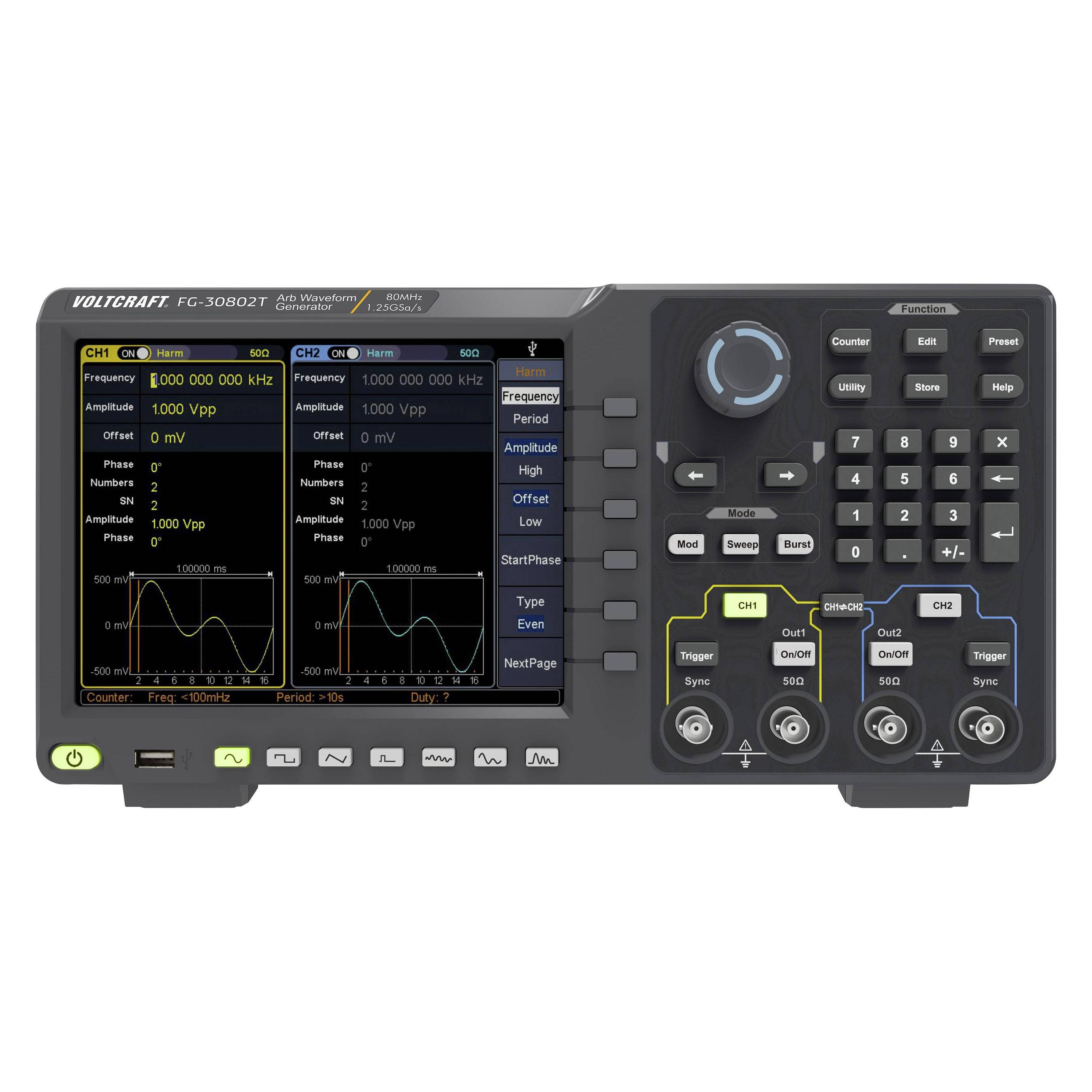 Voltcraft 80 MHz Zweikanal-Arbiträr-Signalgenerator mit Touchscreen-Bedienung (FG-30802T)