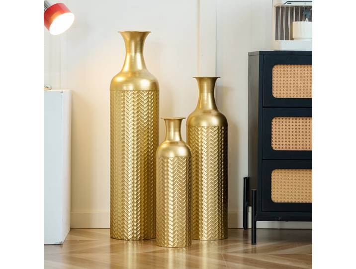Grand ensemble de 3 vases de sol en métal doré (83/65/50 cm) – Vases décoratifs rétro hauts pour salon/chambre à coucher, parfaits pour les Branches de Pampas