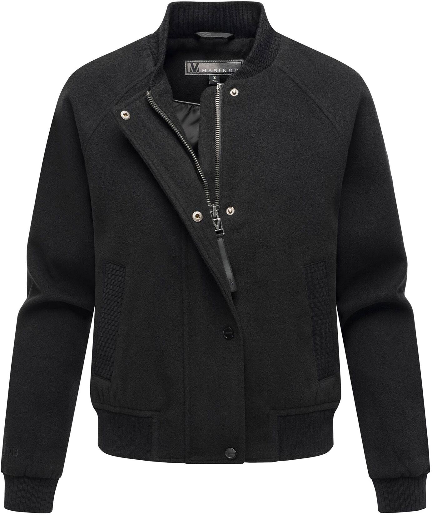 Collegejacke MARIKOO "Zunaa", Damen, Gr. L, schwarz, Obermaterial: 95% Polyester, 3% Viskose, 2% Elasthan, Jacken Collegejacke, Modische Jacke im Collegejacken-Stil mit Rippbündchen und Raglanärmeln
