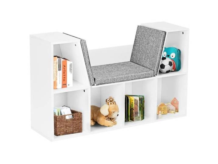 DREAMADE Bibliothèque avec Coussin Etagères Cubes de Rangement Multifonctionnel avec Coin de Lecture 6 Compartiments de Stockage