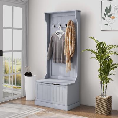 "HOMCOM 28"" 3-In-1 Entryway Hall Tree with Storage Bench, Coat Rack with Four Hooks and Shoe Storage, Gray"