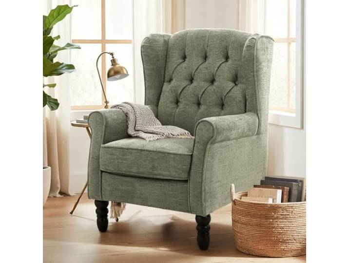 COLAMY Mid-Century Modern Sessel Wohnzimmer, Gepolsterter Wingback-Sessel mit Knopfsteppung, loungesessel Bezug aus Gewebe mit Massivholzbeinen für Wohnzimmer, Büro, Café - Grün