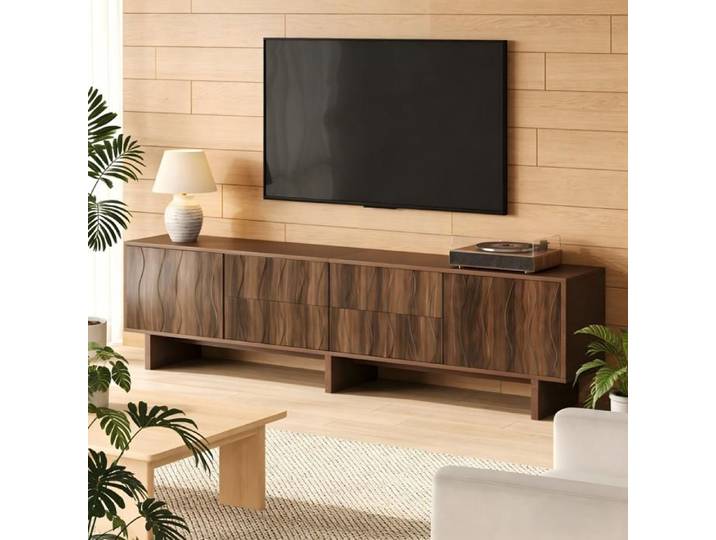 Meuble TV - SOGEU - Design ondulé - 180x40x60 cm - 4 tiroirs 2 portes - Pour TV jusqu'à 75 pouces