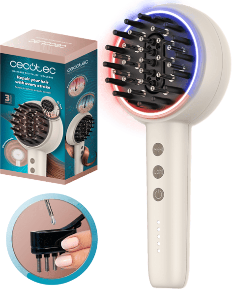 Cepillo alisador - Cecotec HairCare Revitalize TotalCare Elite, Microcorrientes EMS, Aplicador de sérum, 5 intensidades, 70 min autonomía, Crema