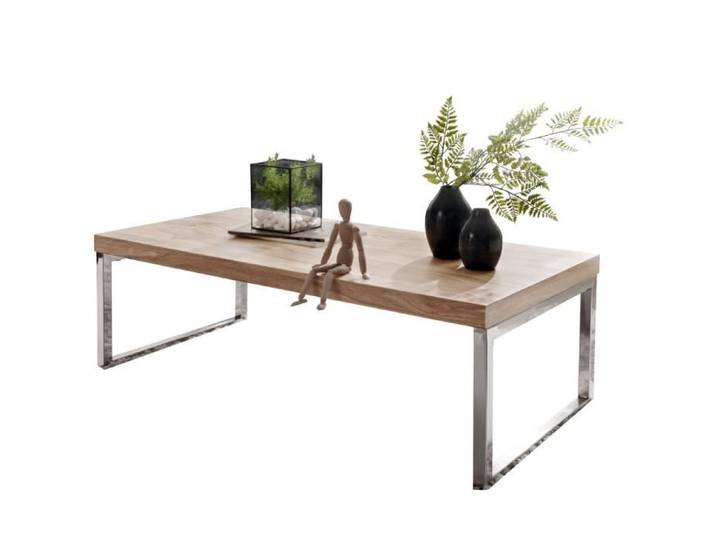 FineBuy Table Basse 120x60x40 cm Bois Massif Acacia Chromé Pieds Luge