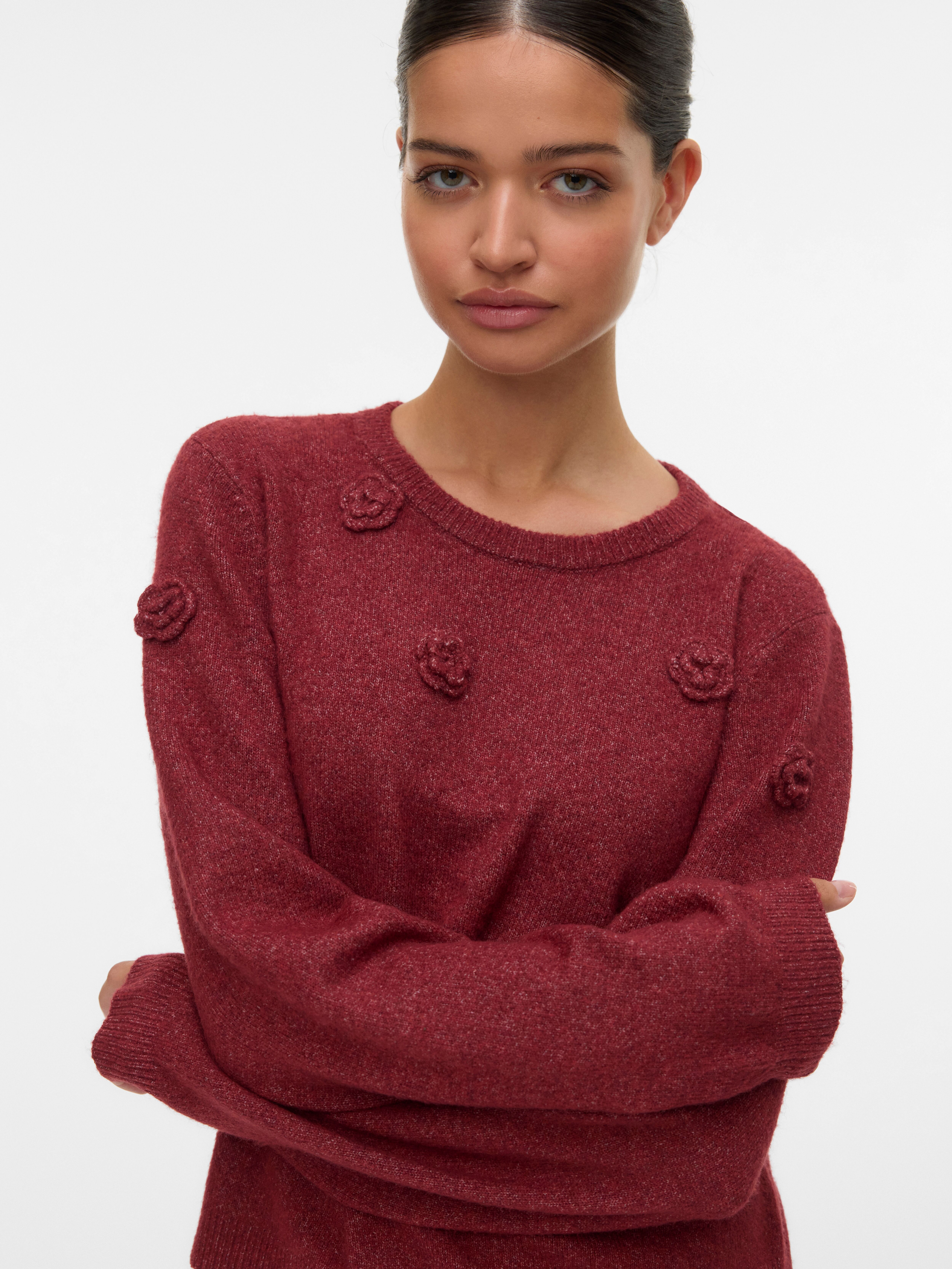 Rundhalspullover VERO MODA "VMROSE LS O-NECK PULLOVER BOO", Damen, Gr. M, rot (syrah detail:melange), Strick, Obermaterial: 97% Polyester, 3% Elasthan, meliert, regular fit, Rundhals, Rippstrickbündchen, Pullover Rundhalspullover syrah detail:melange M