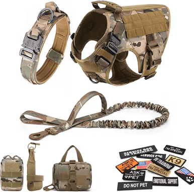 Uplift Curations Military Large Dog Harness Set Tactical Vest With Collar, Leash, Bags And Patches camouflage 18 Pieces l