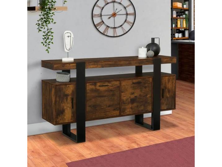 ID MARKET buffet PHOENIX 4 portes 140 cm Loft noir effet vieilli