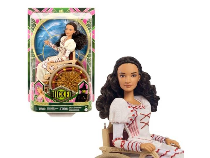 Mattel Wicked Nessarose Modepop, accessoires waaronder rolstoel, pop met bruin krullend haar, beweegbaar, en ballroomlook die ook uit kan, HXY36