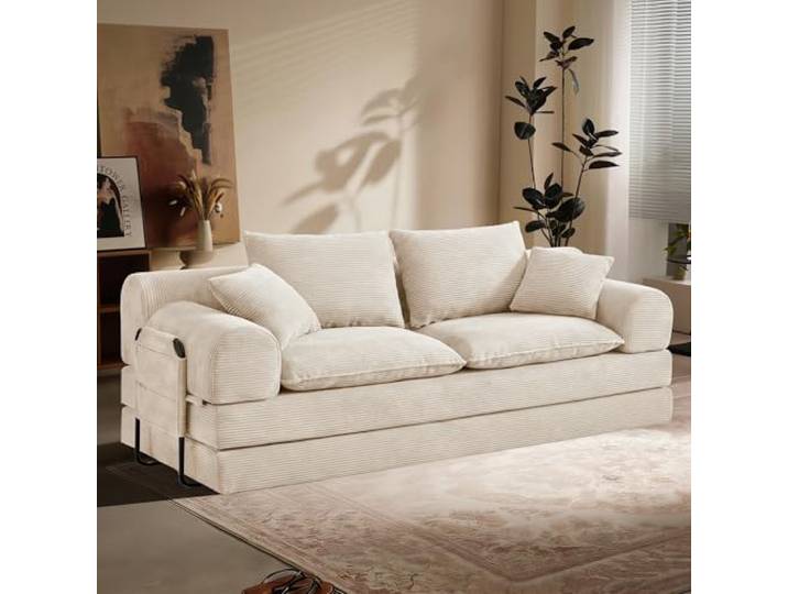 Vipbear Schlafsofa 201cm Breit, Boneless Couch mit Schlaffunktion Cord Sofa 5-in-1 Bodensofa, 3 Sitzer Boneless Schlafcouch, Cloud Modulares Sofa Bed für Wohnzimmer Schlafzimmer Lounge Weiß