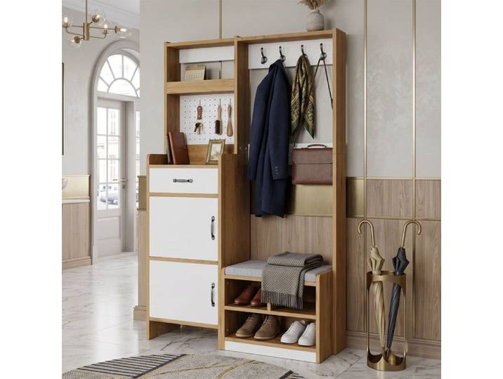 Meuble d'Entrée Vestiaire 108 5x35x180cm Gain de Place Banquette Porte Manteau & Meuble à Chaussures - Chêne et Blanc
