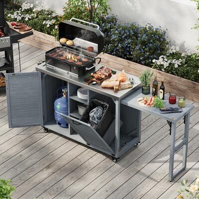Kodotan sofa "78.3"" Outdoor Kitchen Island with Foldable Grill Table, Wooden Outdoor Grill Cart with Trash Can Storage & Stainless Steel Top"